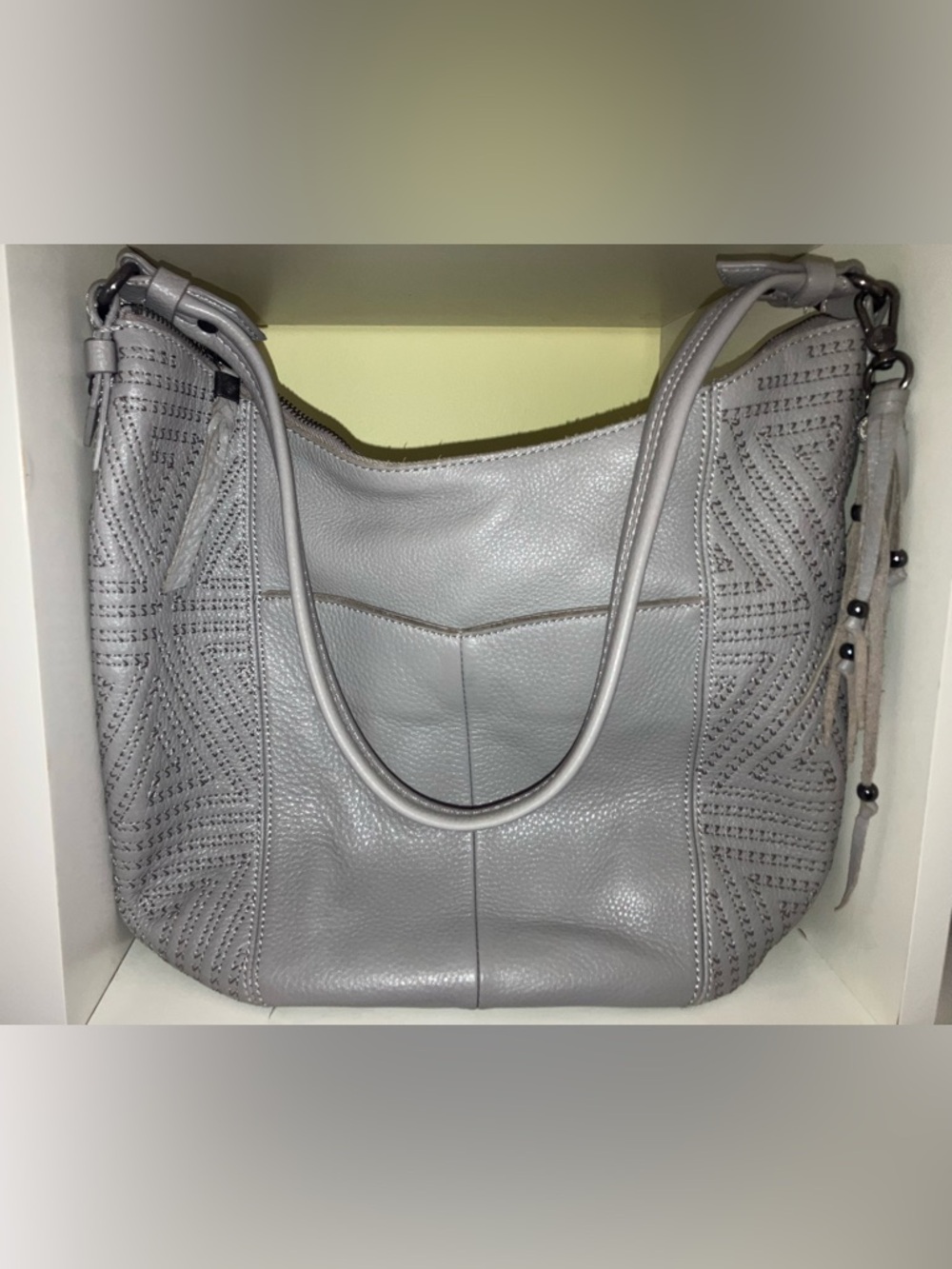 The Sak leather large hobo shoulder bag satchel purse handbag gray tassel charm